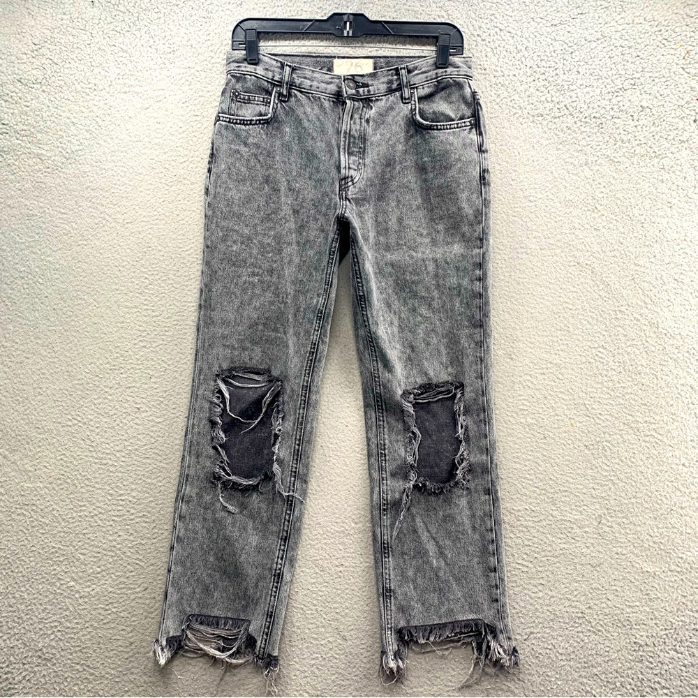Free People We The Free Jeans Women’s 26 Gray Distressed Ripped Zip Fly Raw Hem
